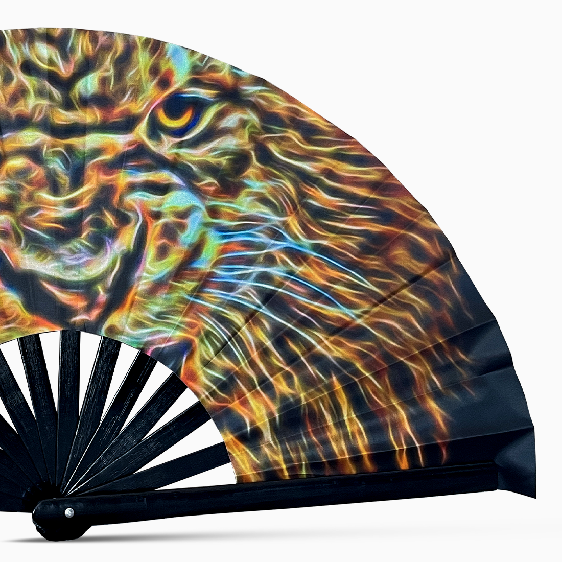polyester hand fan featuring a lion pattern and black rib.