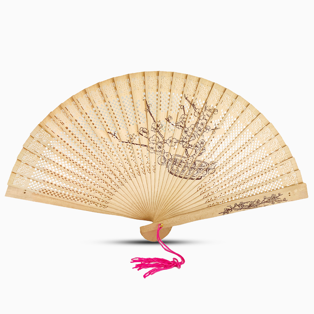 Sandalwood fan featuring an intricate Pot Flower design, showcasing elegant craftsmanship and natural materials.