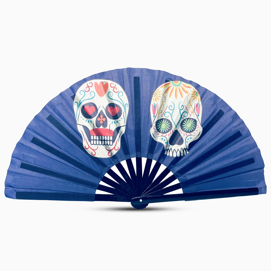 Stylish skull print fan with a black handle, part of the Raveglow series, ideal for vibrant events and gatherings.