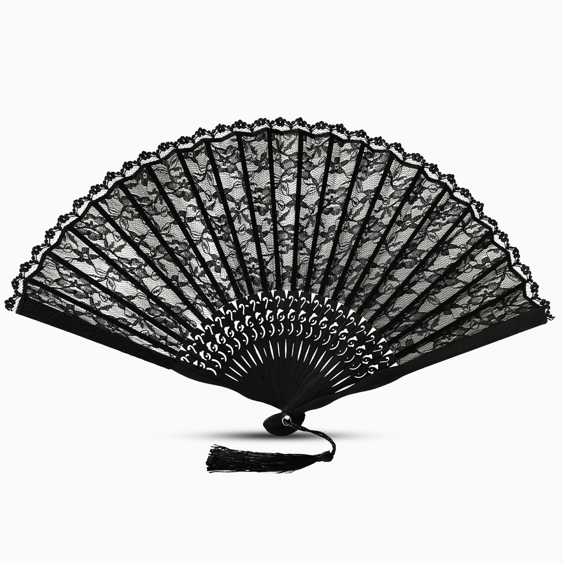 A quality black lace hand fan and a decorative tassel hanging from the handle.