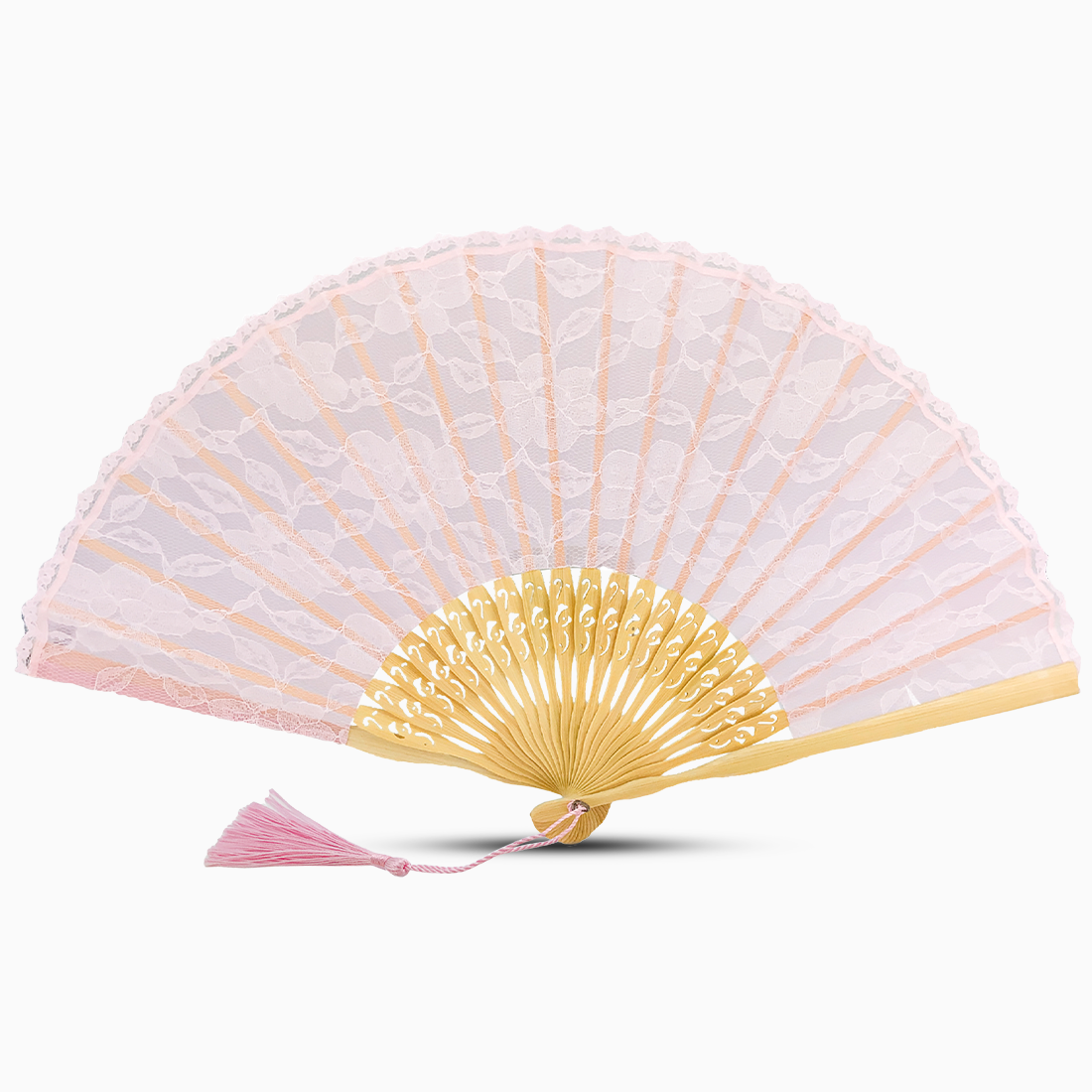 A quality pink lace hand fan and a decorative tassel hanging from the handle.