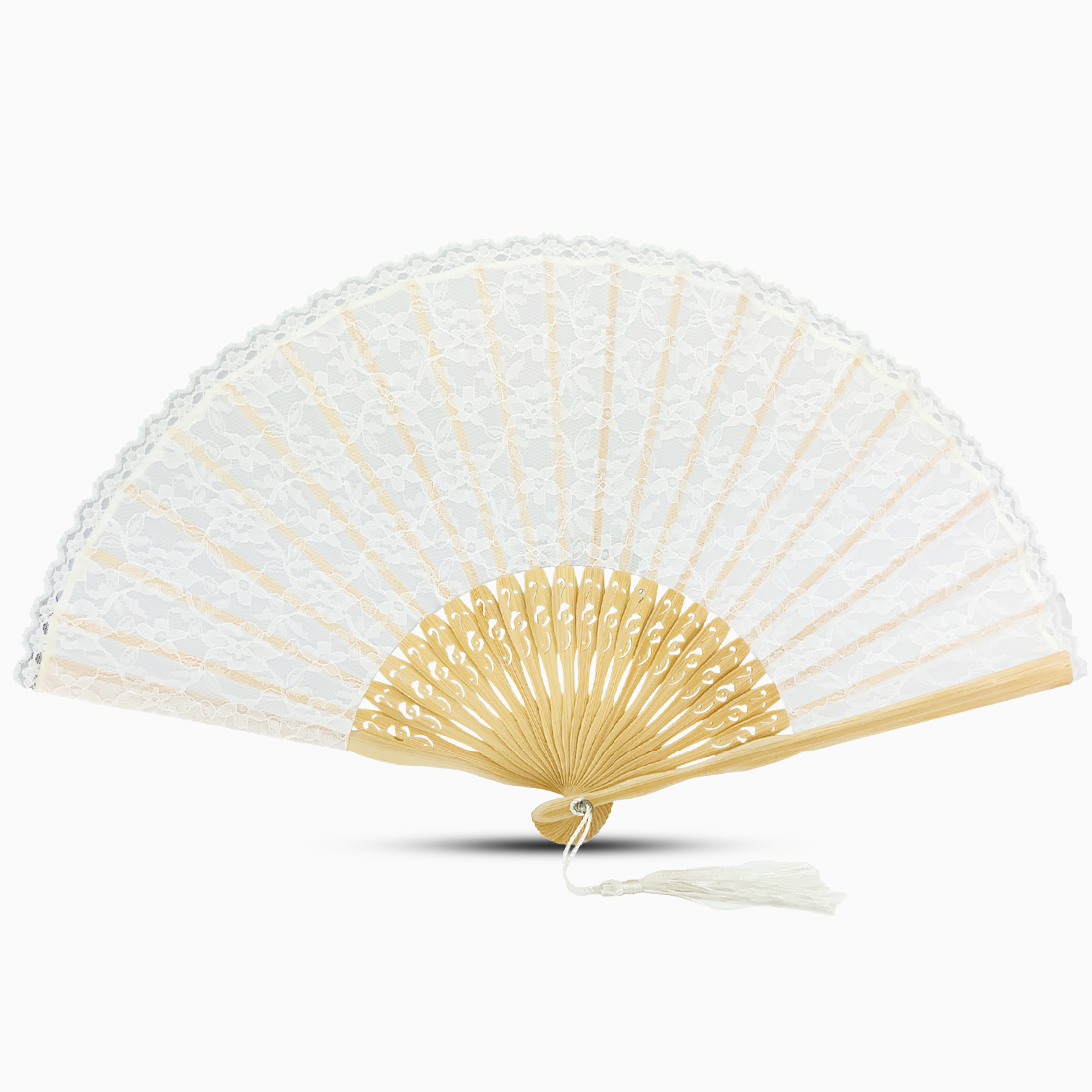 A quality white lace hand fan and a decorative tassel hanging from the handle.