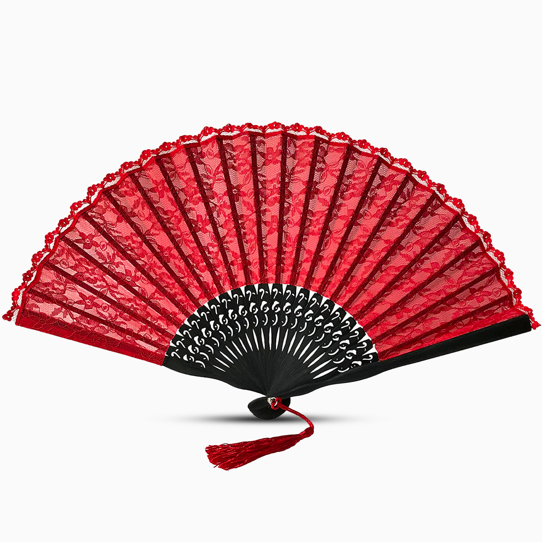 A quality red lace hand fan with black accents and a decorative tassel hanging from the handle.