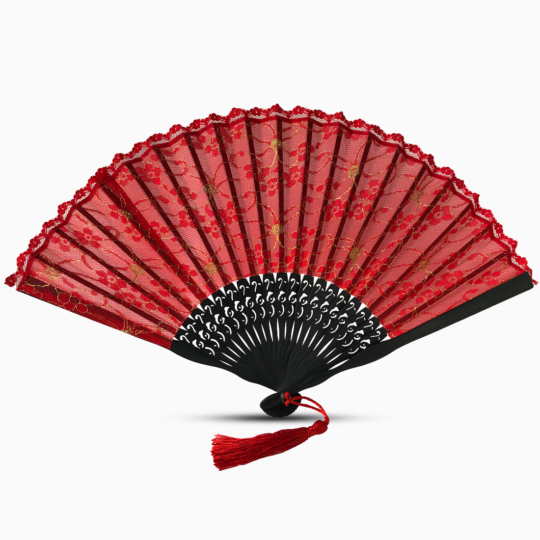 A quality red lace hand fan with gold accents and a decorative tassel hanging from the handle.