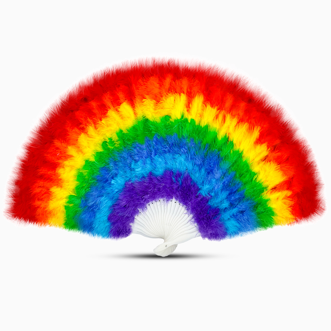 A Rainbow color marabou feather fan displayed against a clean white background.