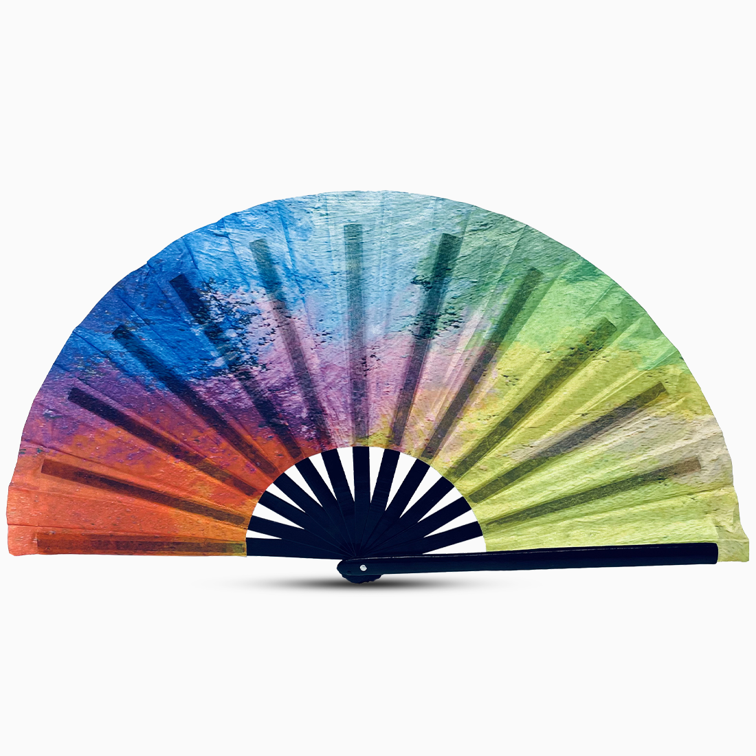 Stylish rainbow fan with a black handle, part of the Raveglow series, ideal for vibrant events and gatherings.