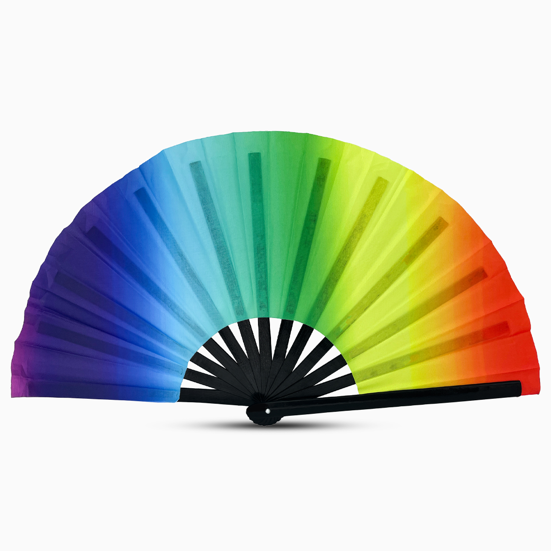 Stylish rainbow fan with a black handle, part of the Raveglow series, ideal for vibrant events and gatherings.