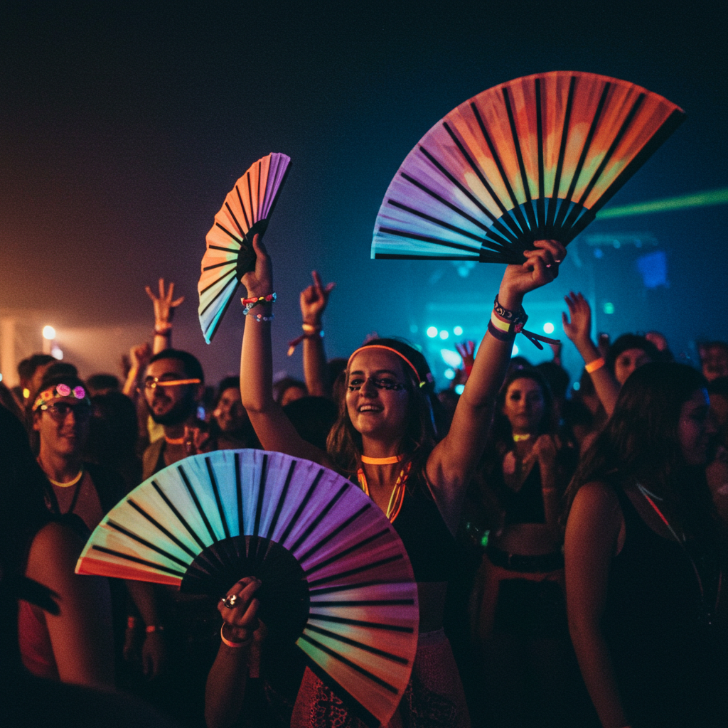 A diverse group of festival-goers holding vibrant rave hand fans, enjoying the lively atmosphere of a music festival.