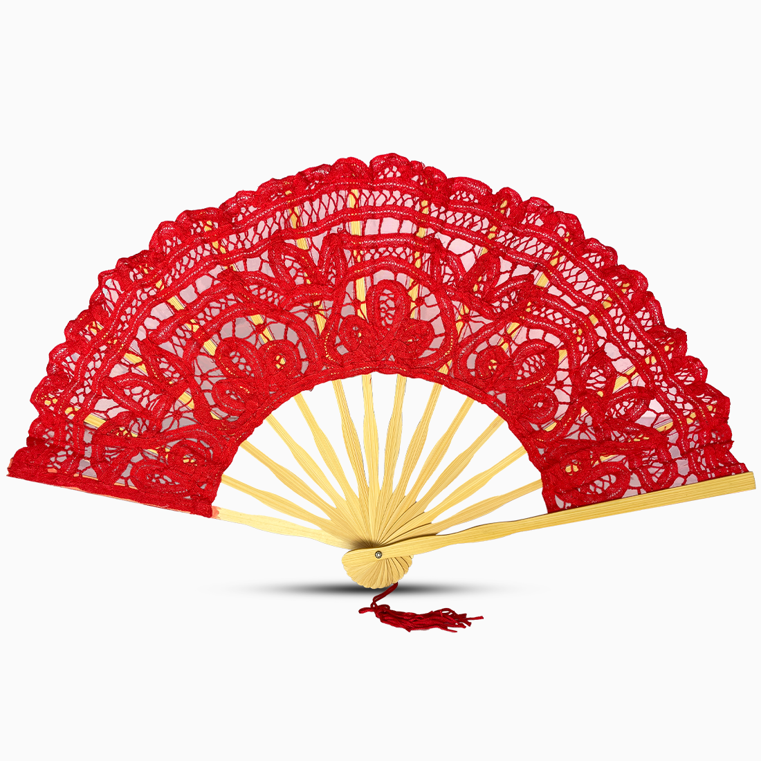 A red Battenburg lace hand fan, elegantly designed with intricate lace detailing along the edges.