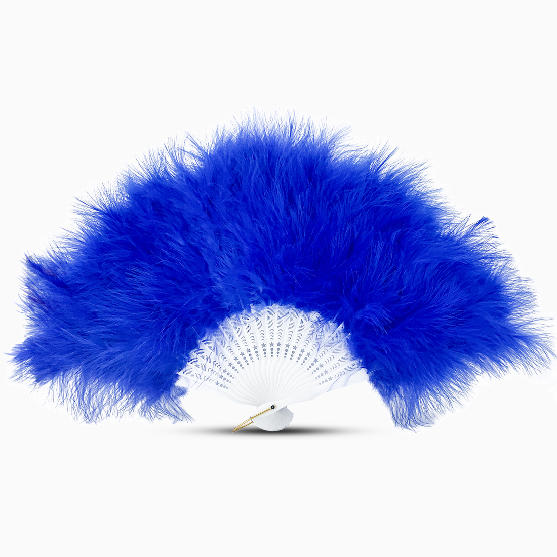 A Royal Blue marabou feather fan displayed against a clean white background.