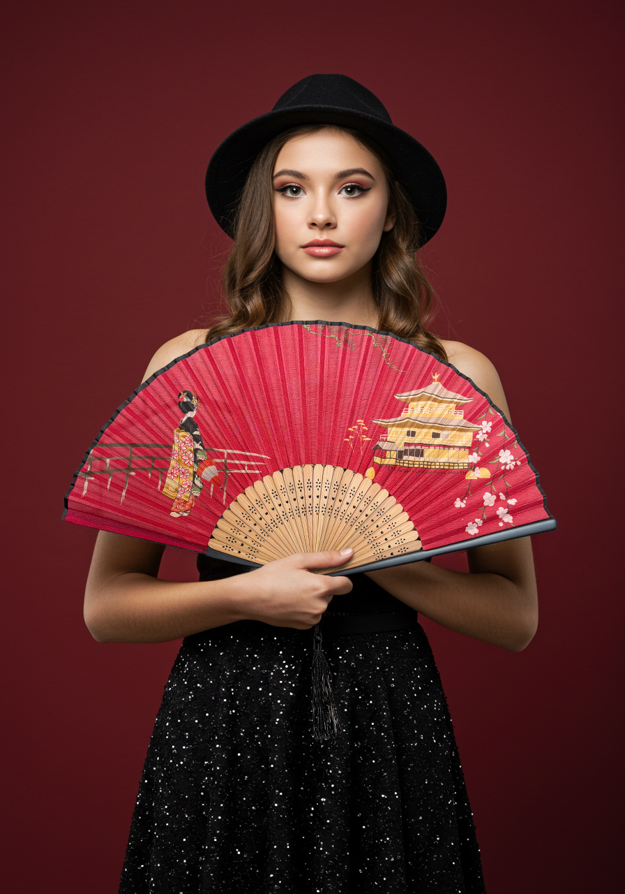Young woman in a black dress elegantly holds a luxury red hand fan, showcasing her beauty and style