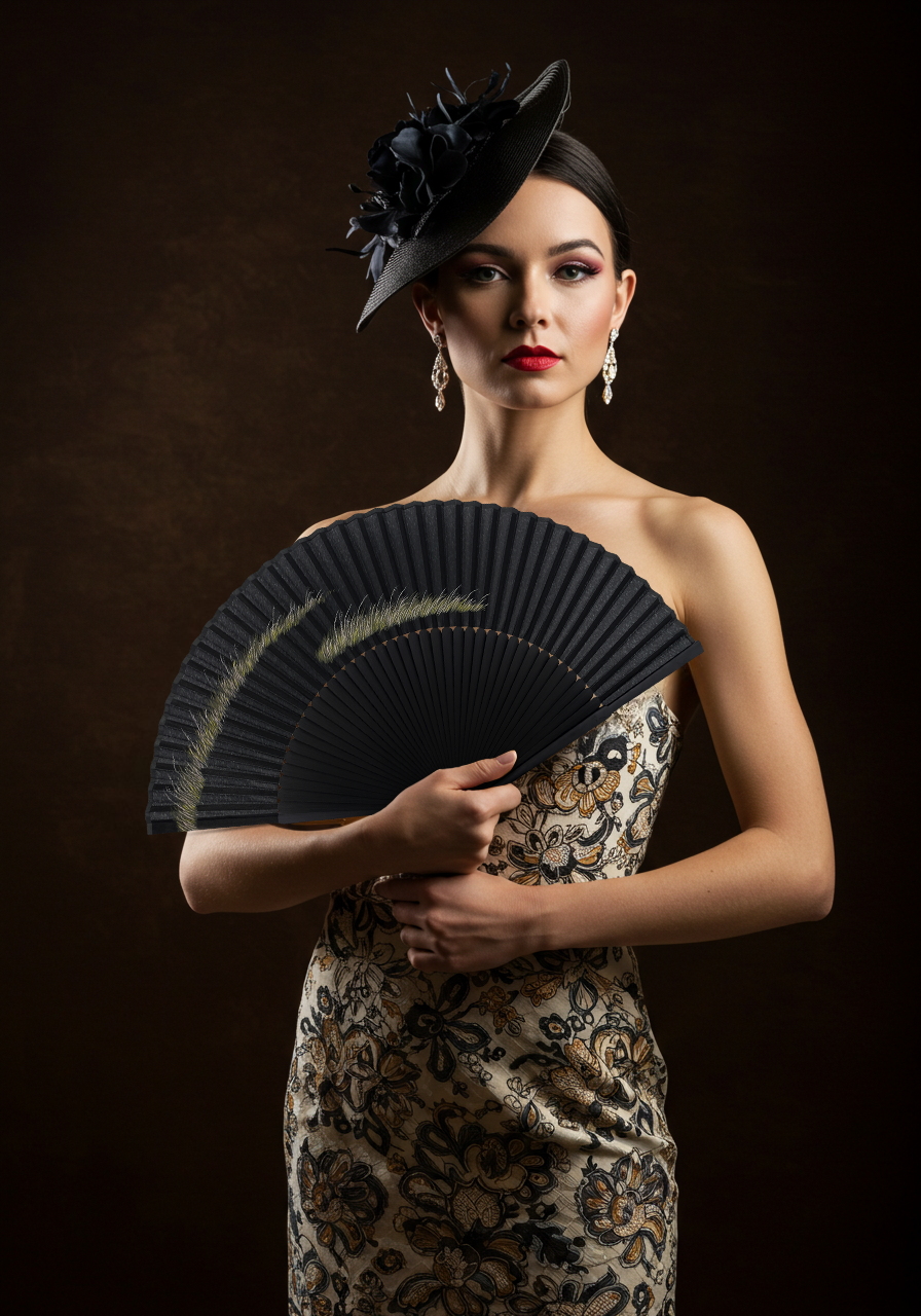 Elegant woman in a luxurious dress gracefully holds a black hand fan, exuding sophistication and charm.