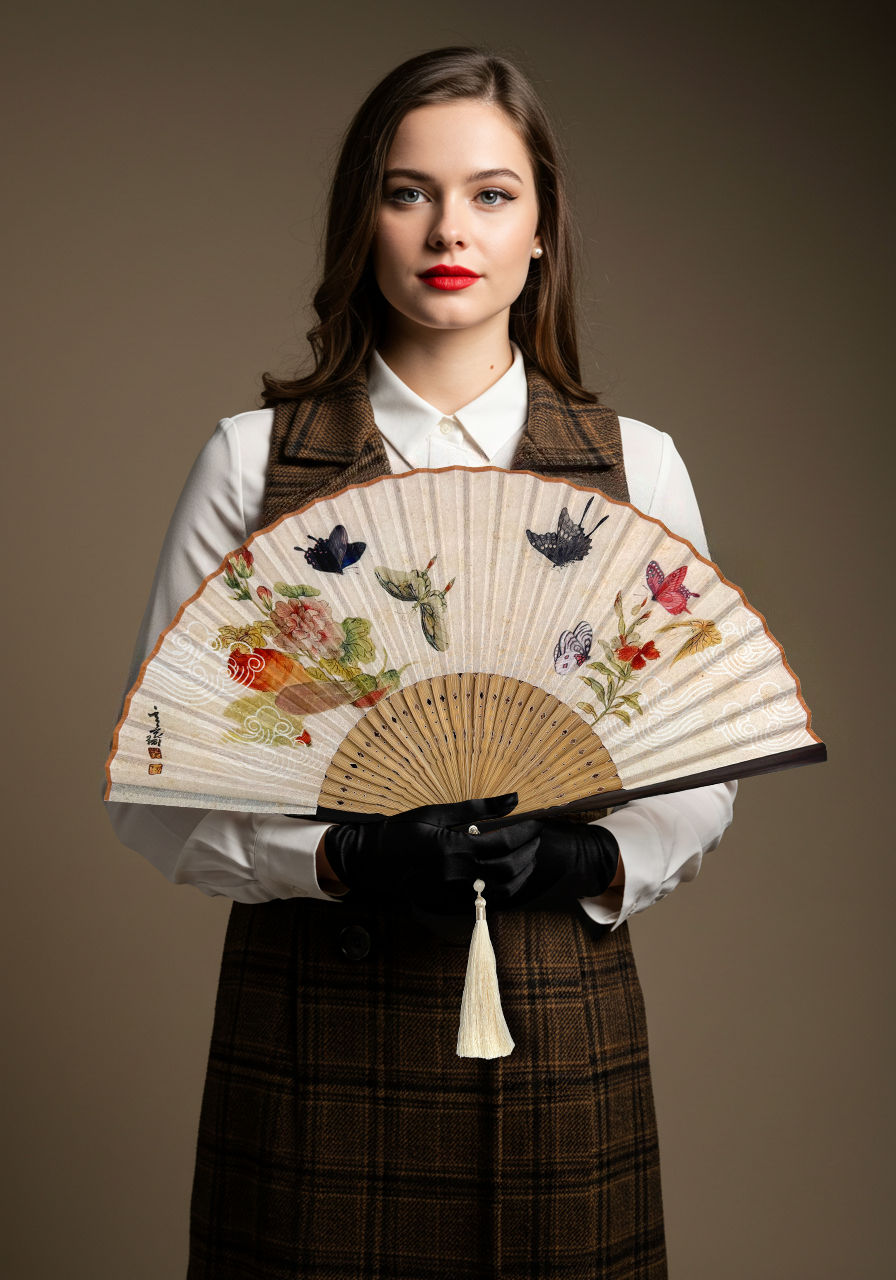 A woman in an elegant dress and gloves gracefully holds a luxury hand fan, showcasing sophistication and style.