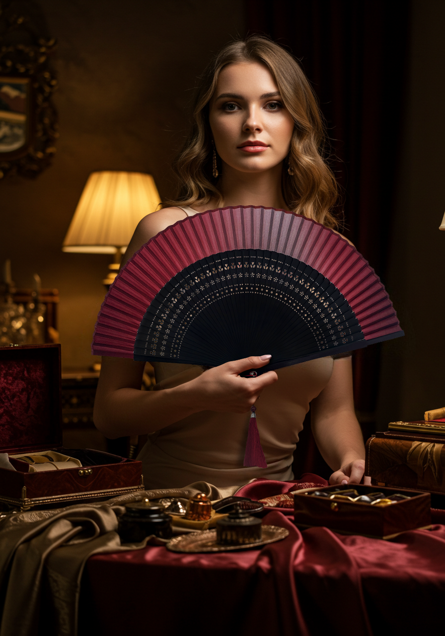 A woman elegantly holds a luxury red and black hand fan, showcasing its intricate design and craftsmanship.