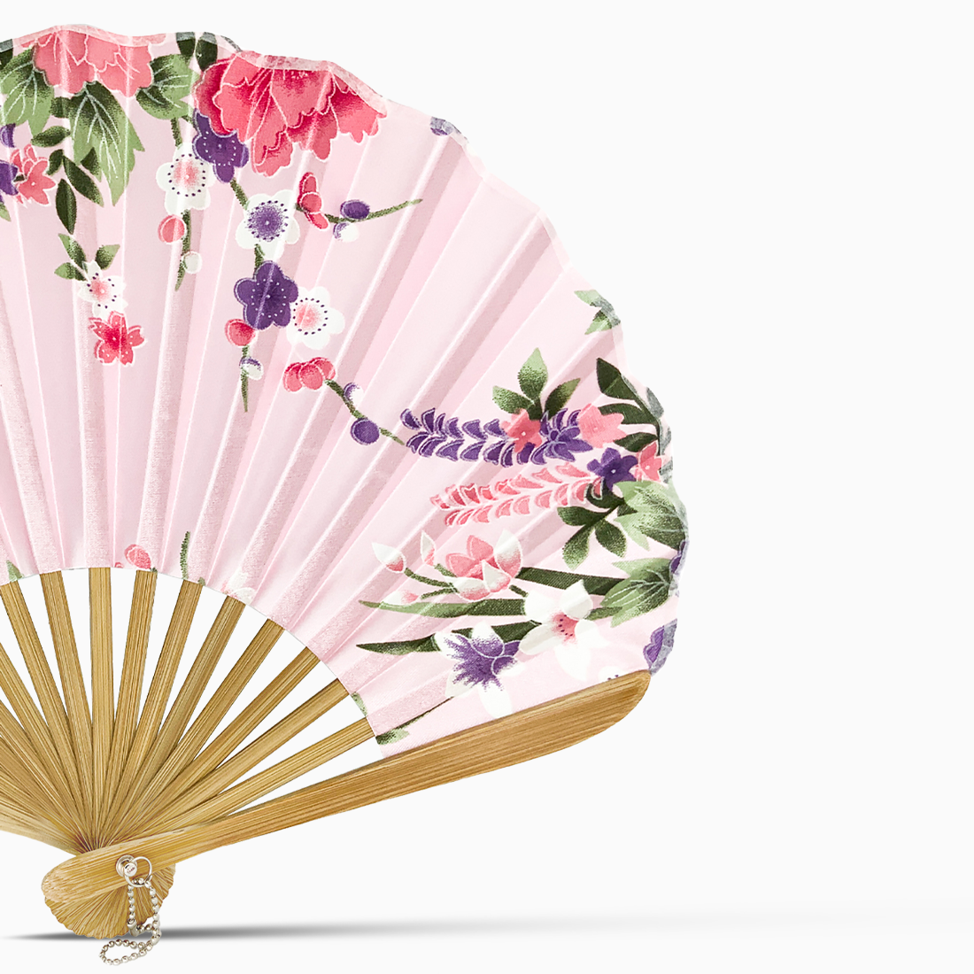 satin hand fan featuring a floral design and wooden rib.