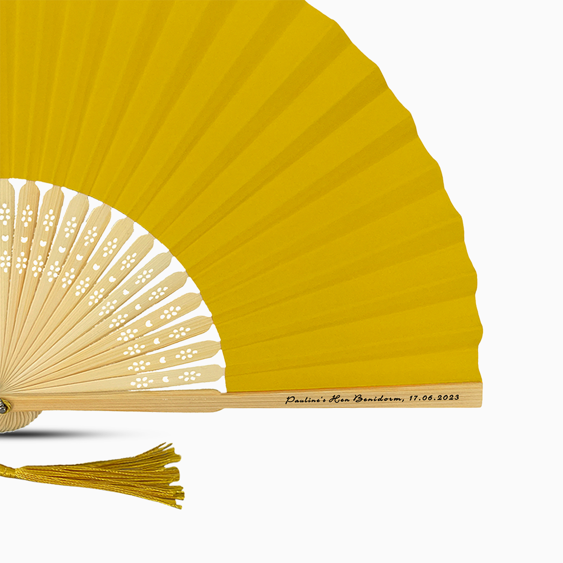 A School Bus Yellow color hand fan, featuring a personal message printed on main rib.