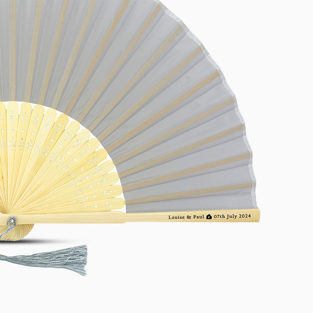 A Silver Gray solid color hand fan, featuring a personal message printed on main rib.