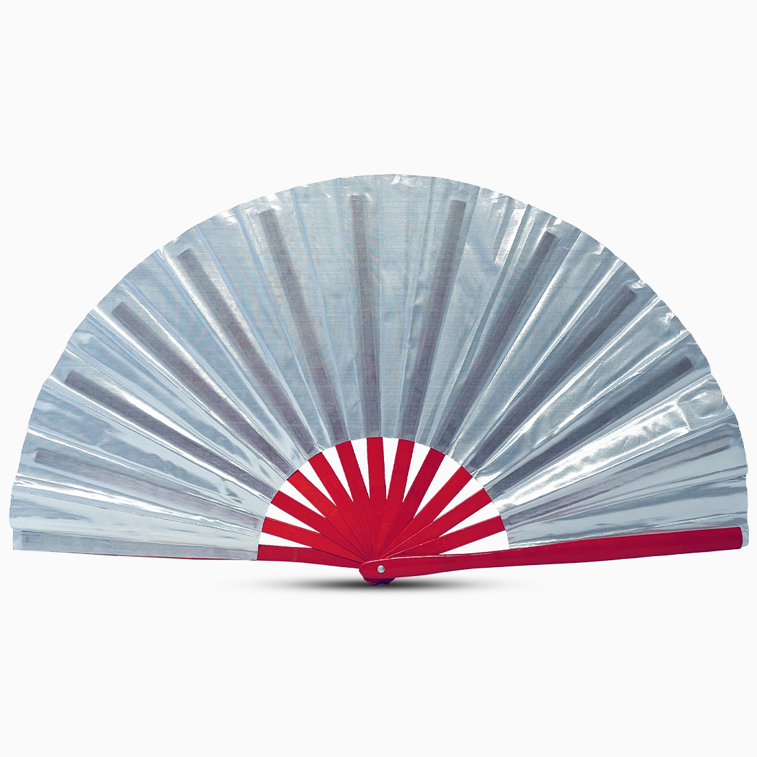 Stylish silver glow fan with a red handle, part of the Raveglow series, ideal for vibrant events and gatherings.
