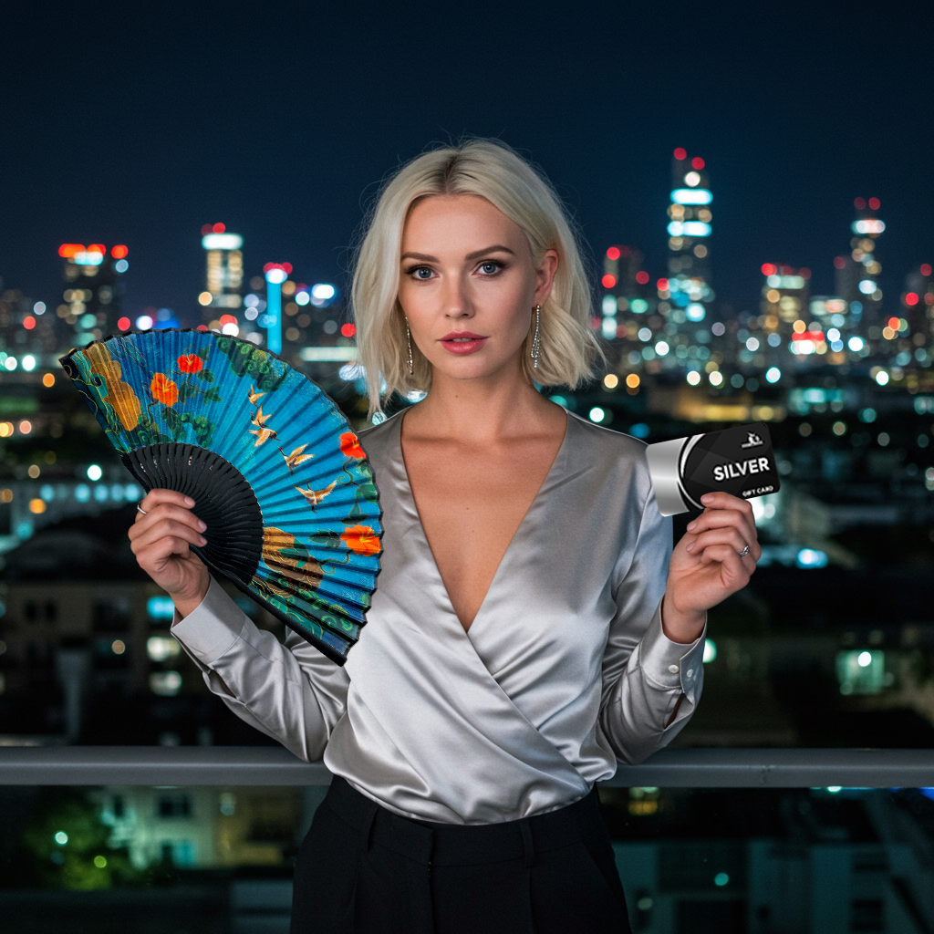 A chic woman standing on a city rooftop at night, holding a vibrant blue and orange floral folding hand fan and a silver gift card. Dressed in a sleek satin blouse and black trousers, she exudes modern elegance against a backdrop of city lights, emphasizing premium fan designs and sophisticated gifting options.