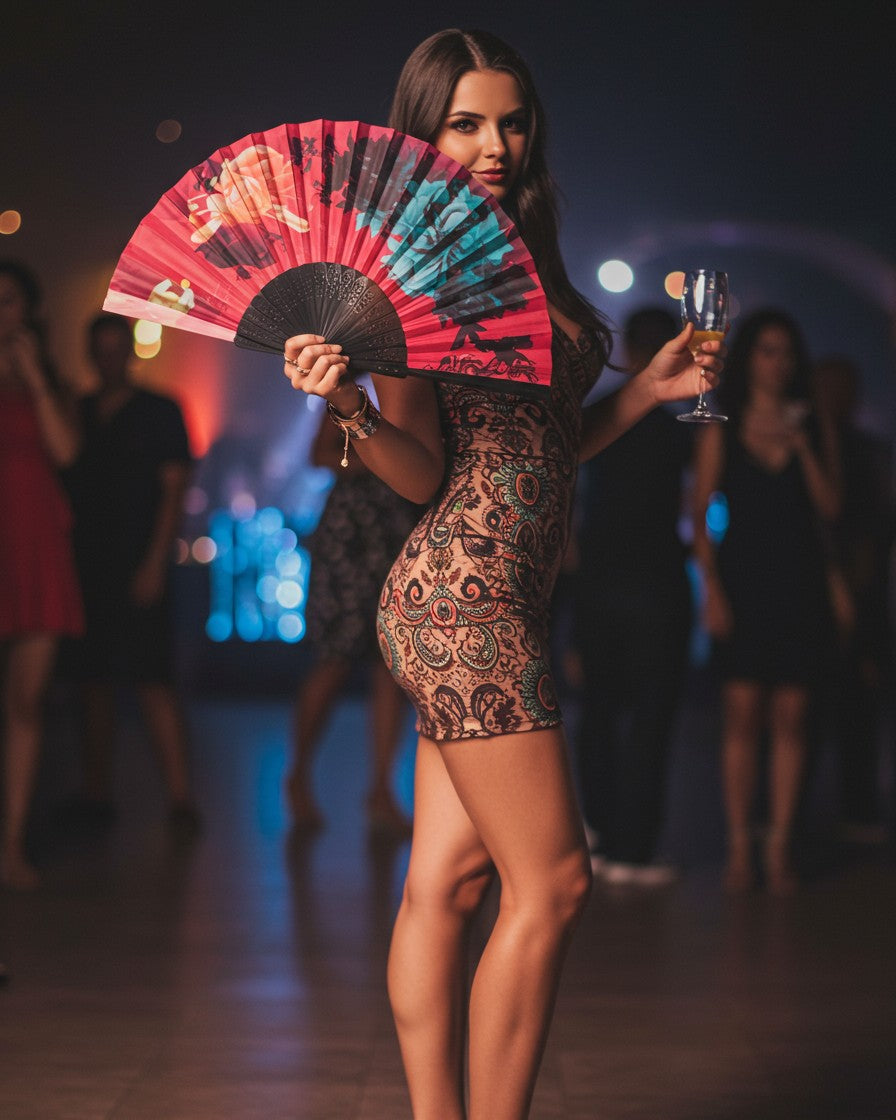 A woman wearing a short dress holds a decorative hand fan, adding a touch of elegance to her appearance.
