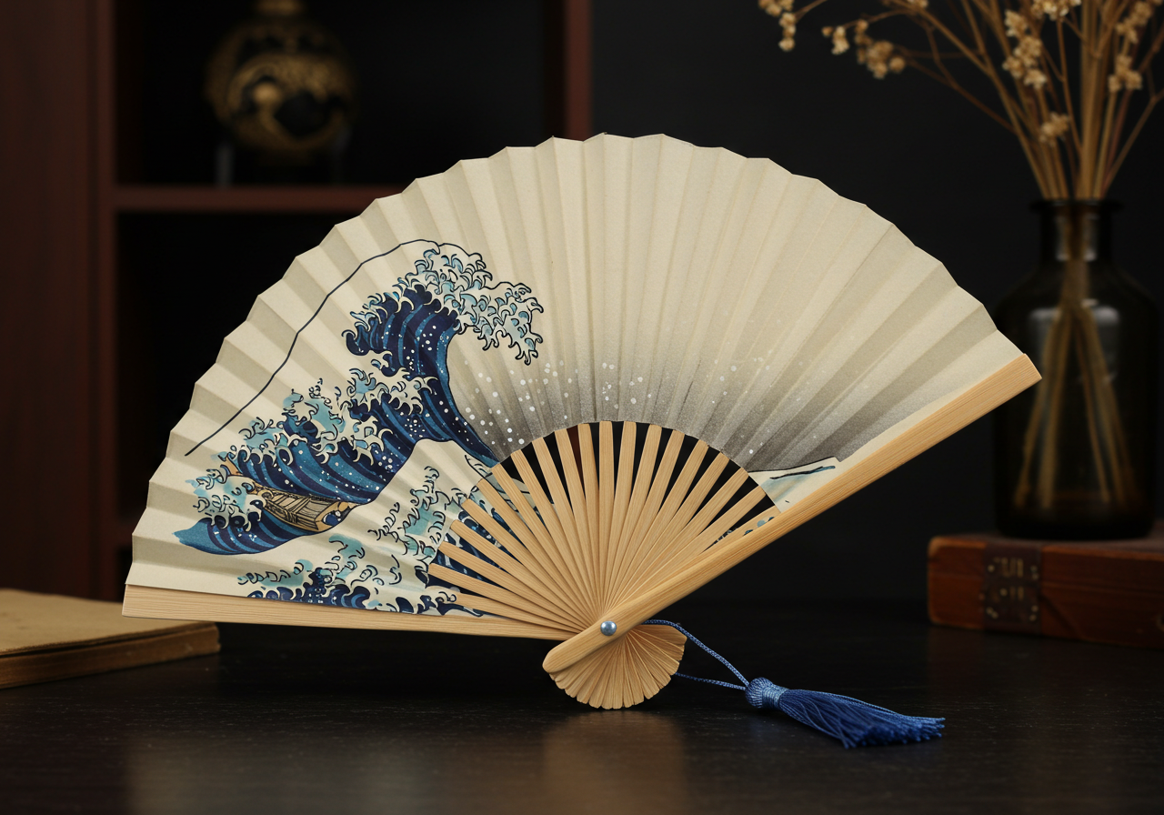 A hand fan featuring a decorative wave design, elegantly crafted for cooling and aesthetic appeal.
