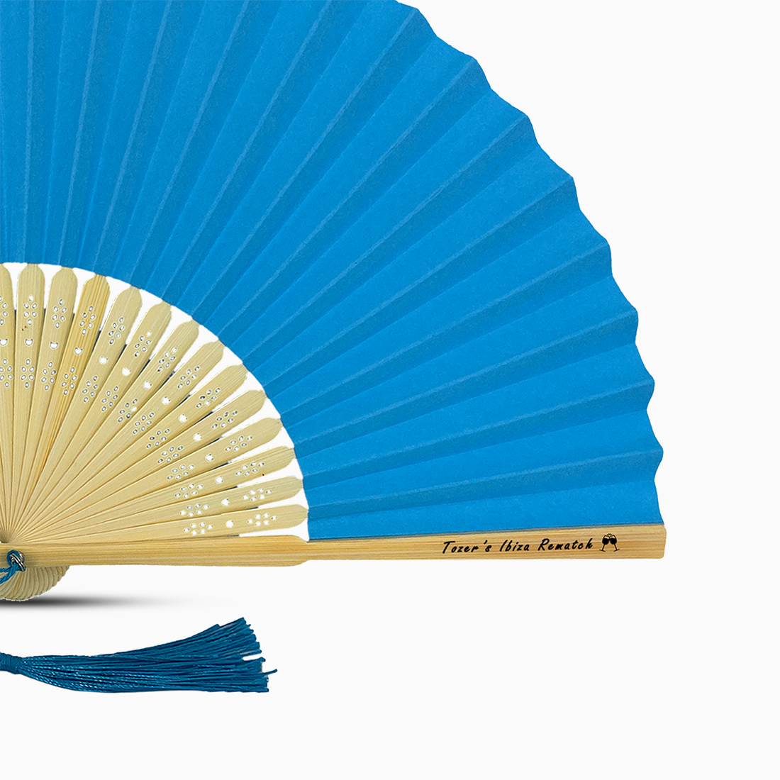 A Sky Blue solid color hand fan, featuring a personal message printed on main rib.