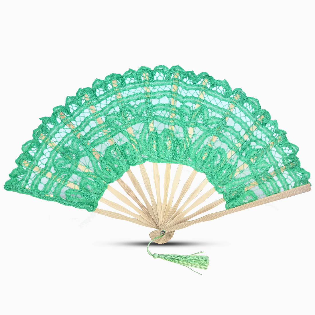 A green Battenburg lace hand fan, elegantly designed with intricate lace detailing along the edges.