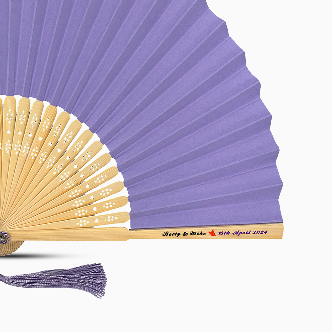 A Soft Purple solid color hand fan, featuring a personal message printed on main rib.