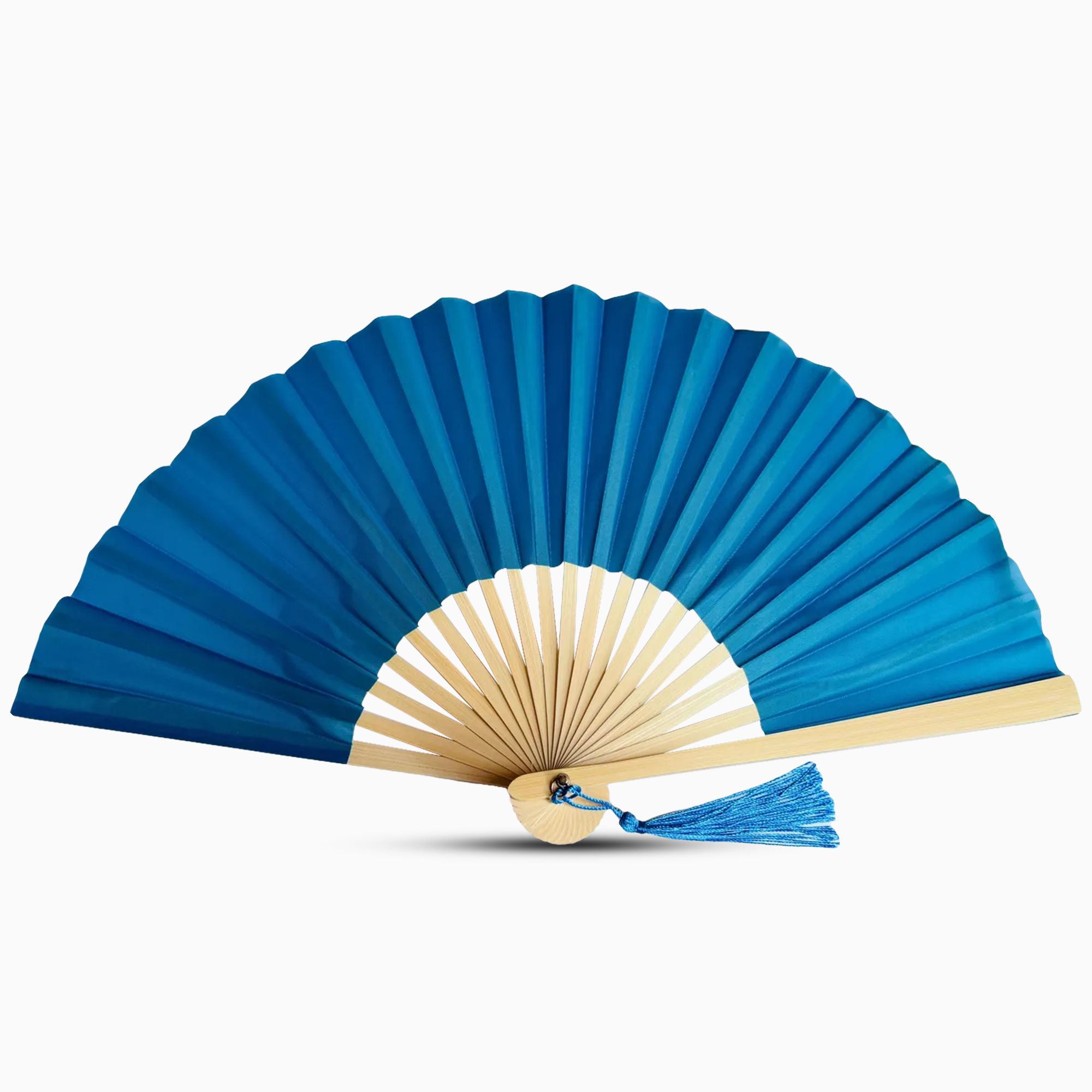 Blue hand fan with beige center and blue tassel on a white background