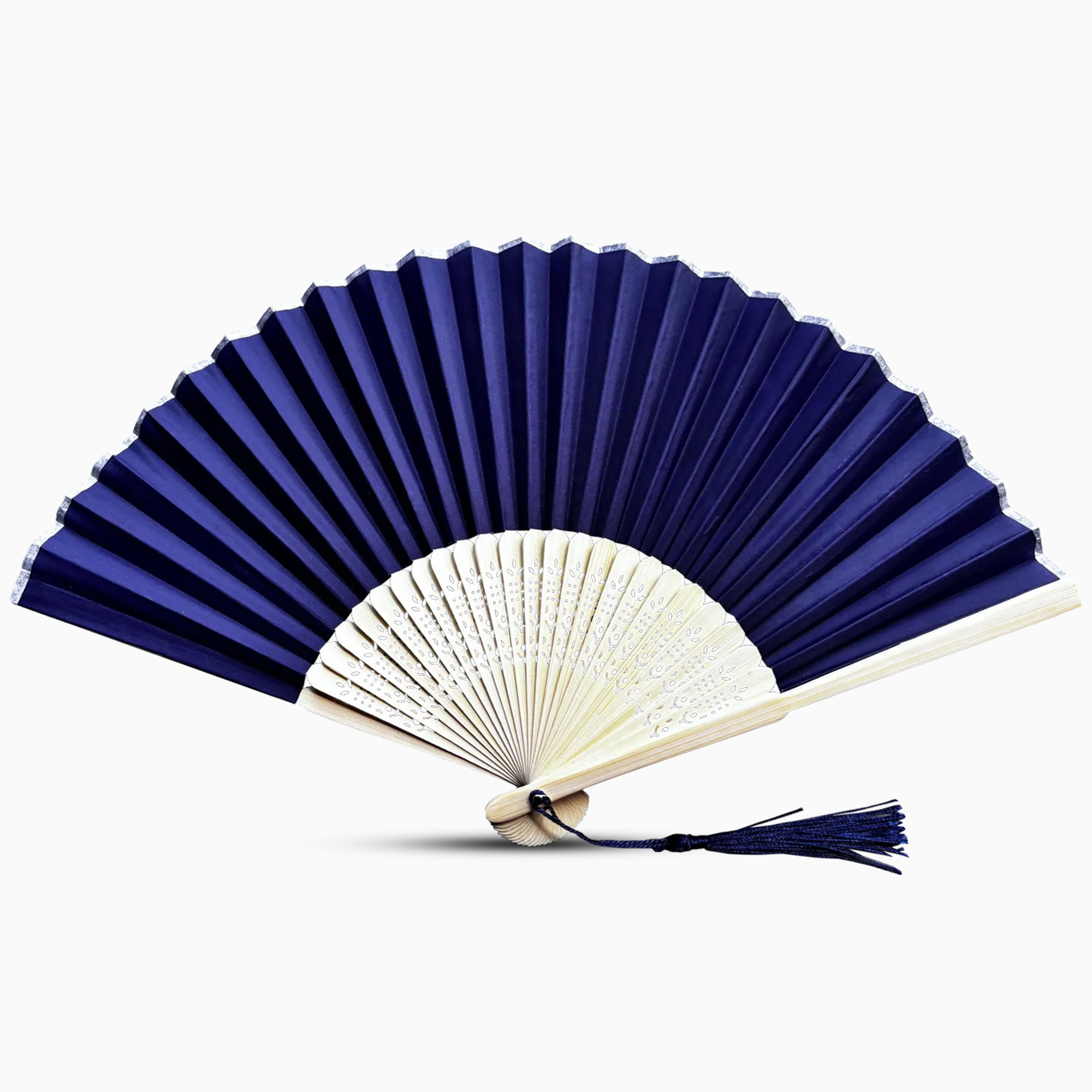 Blue and white hand fan on a white background