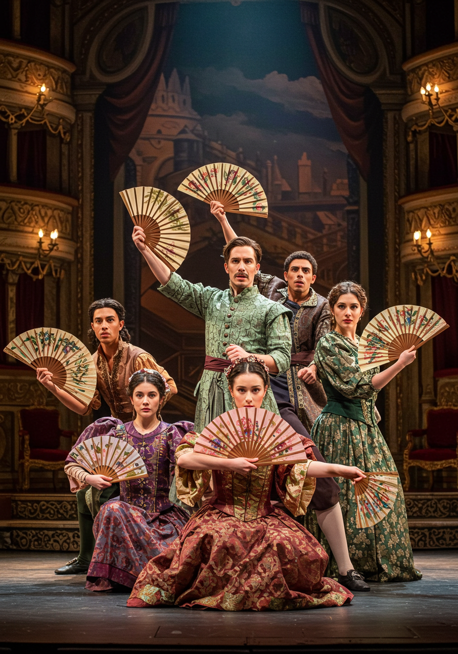 The cast of the National Theatre's Spanish opera "The Madrigal," featuring performers holding hand fans on stage.
