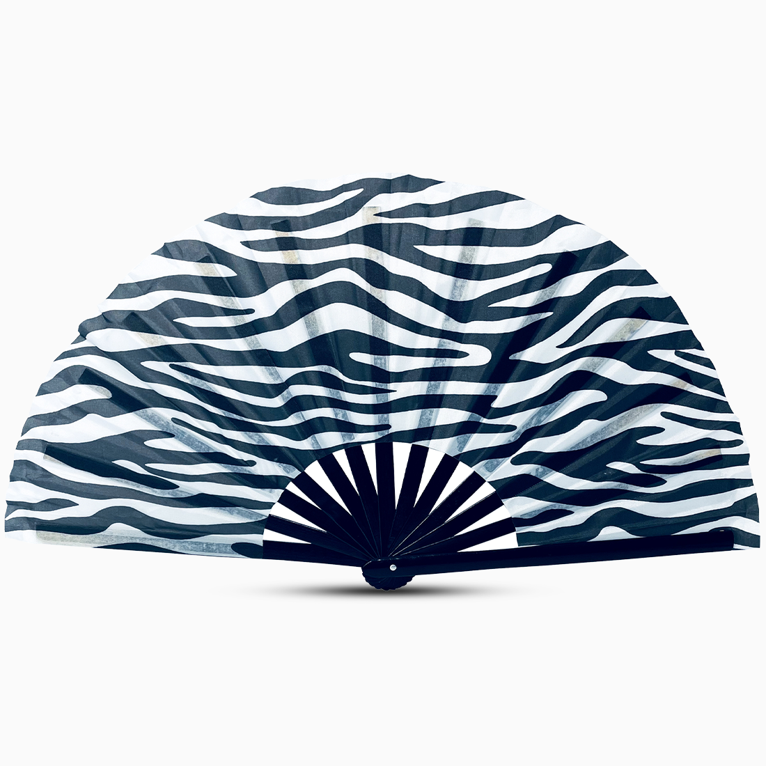 Stylish tiger skin print fan with a black handle, part of the Raveglow series, ideal for vibrant events and gatherings.
