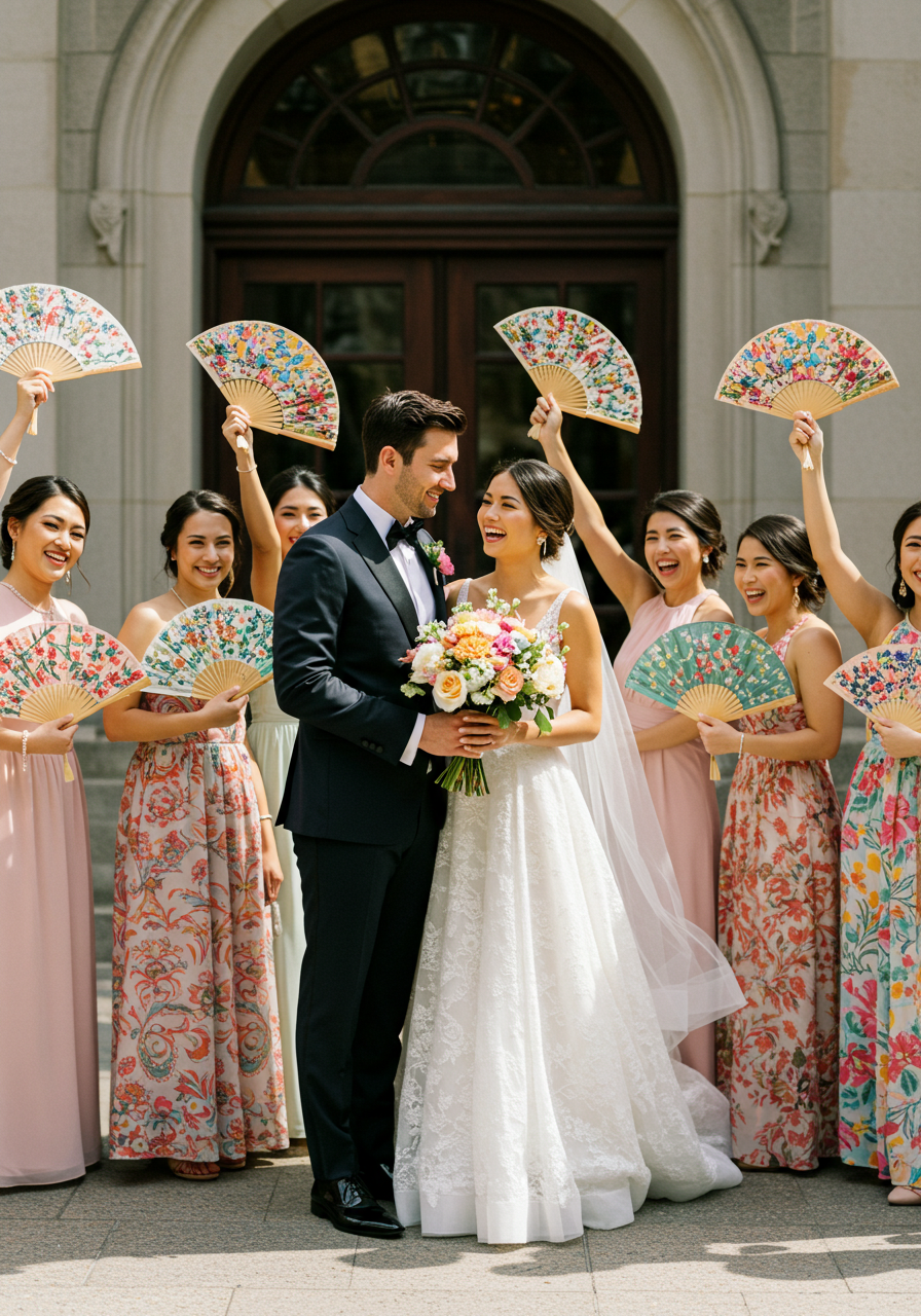 A wedding party poses in front of a church, with some members holding decorative hand fans.
