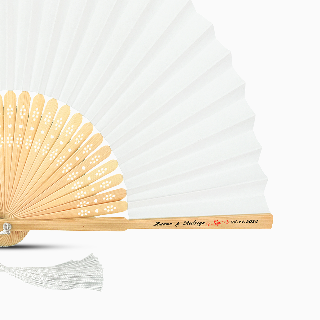 A White solid color hand fan, featuring a personal message printed on main rib.