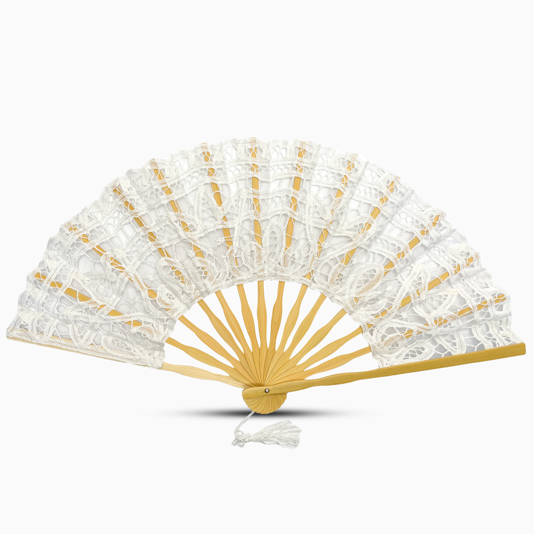 A white Battenburg lace hand fan, elegantly designed with intricate lace detailing along the edges.