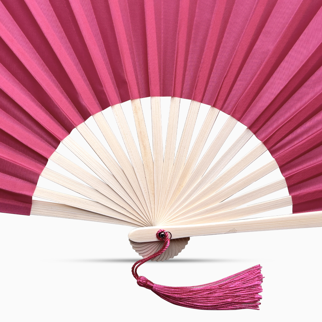 fabric red color hand fan with a wooden bamboo rib and red Tassel.