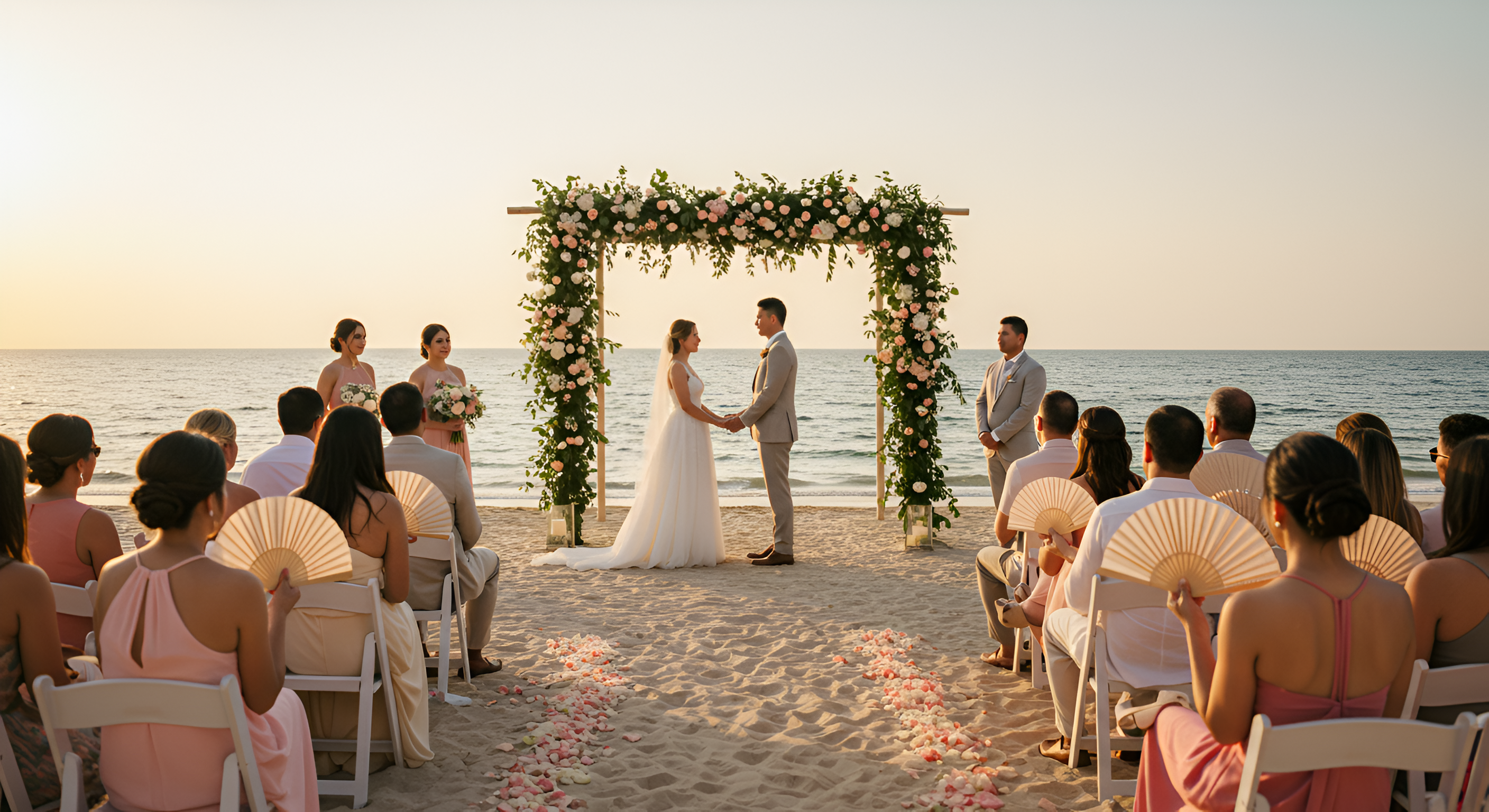 Beach wedding ceremony at sunset with the bride and groom under a floral arch, bridesmaids holding bouquets, and some seated guests using elegant folding hand fans to stay cool.