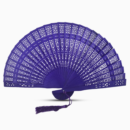 A vibrant Violet fan made of color dyed wood, complete with a decorative tassel for added elegance.