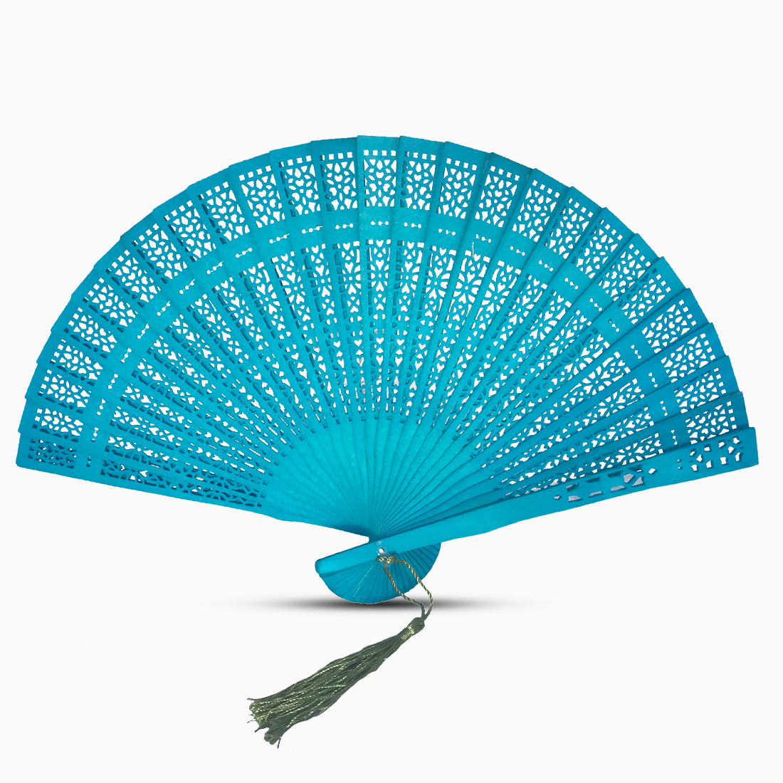 A vibrant Light Turquoise fan made of color dyed wood, complete with a decorative tassel for added elegance.