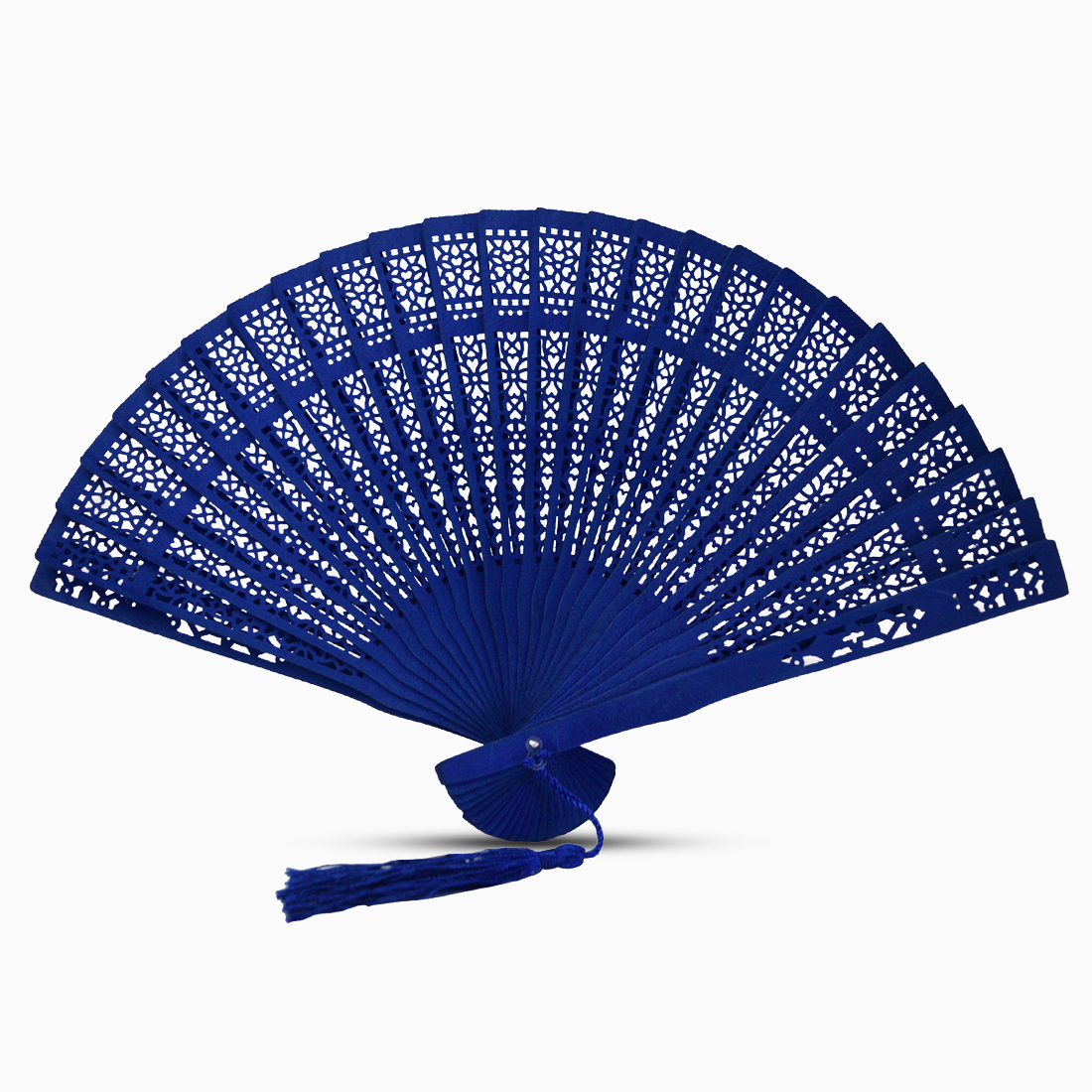 A vibrant Royal Blue fan made of color dyed wood, complete with a decorative tassel for added elegance.