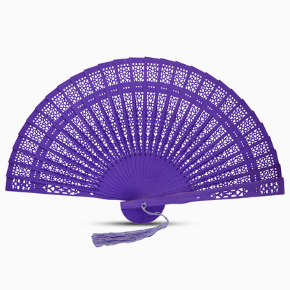 A vibrant Purple fan made of color dyed wood, complete with a decorative tassel for added elegance.