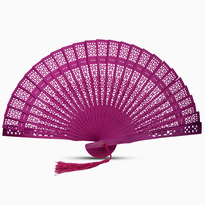 A vibrant Deep Pink fan made of color dyed wood, complete with a decorative tassel for added elegance.
