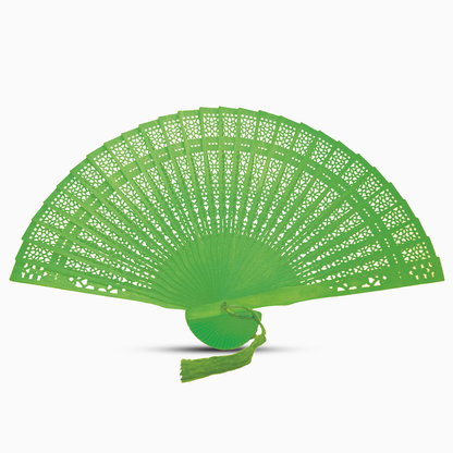 A vibrant Green fan made of color dyed wood, complete with a decorative tassel for added elegance.