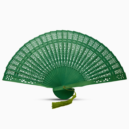 A vibrant Jungle Green fan made of color dyed wood, complete with a decorative tassel for added elegance.