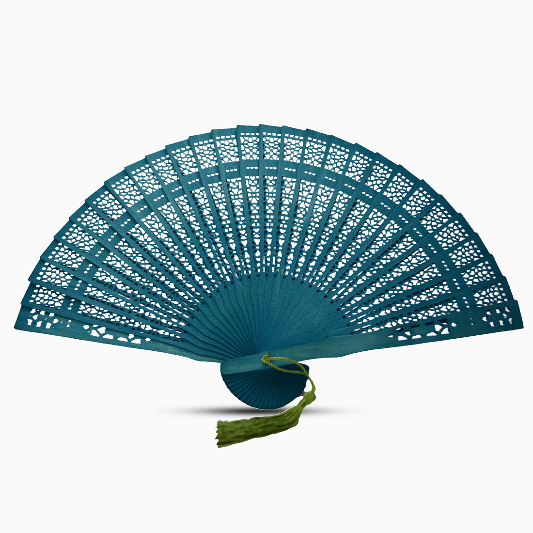 A vibrant Dark Turquoise fan made of color dyed wood, complete with a decorative tassel for added elegance.