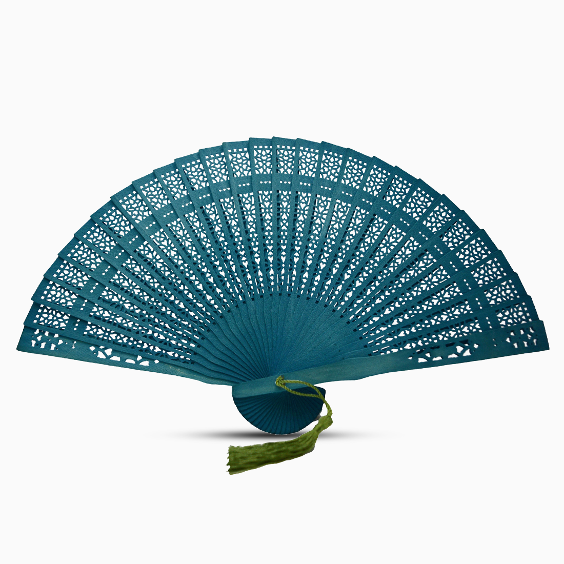 A vibrant Dark Green fan made of color dyed wood, complete with a decorative tassel for added elegance.