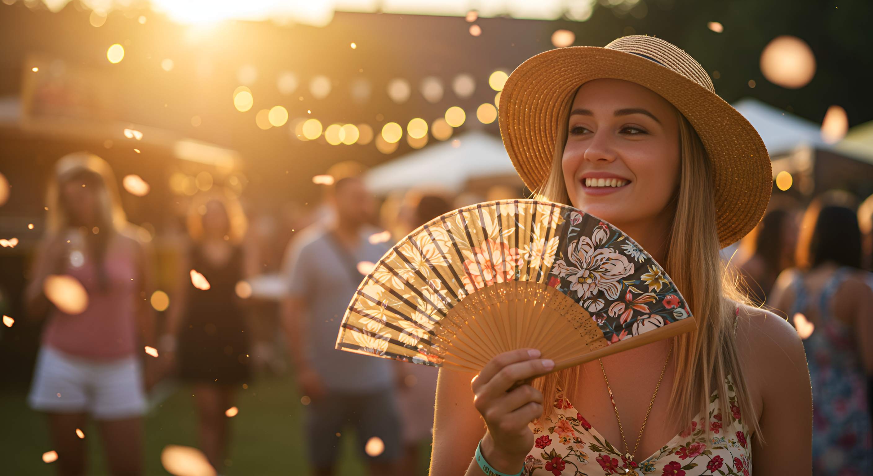 A smiling woman wearing a straw sunhat and floral dress holds a decorative folding fan at an outdoor summer festival. She is bathed in warm golden sunlight, surrounded by softly blurred people and festive lights, with flower petals floating through the air. The atmosphere is joyful and vibrant.