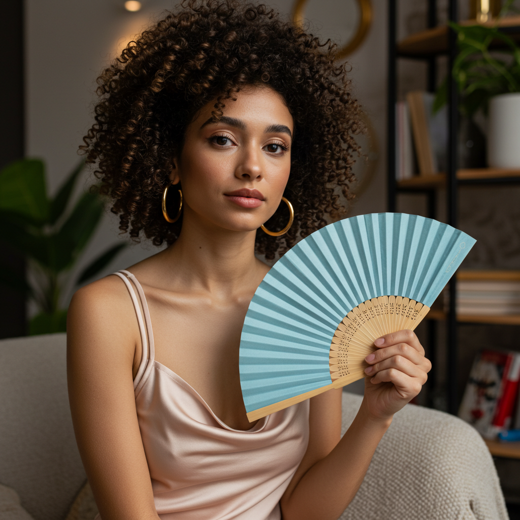 Woman with curly hair in a satin dress holding a pastel blue folding hand fan, sitting on a cream armchair in a modern living space with bookshelves and indoor plants in the background.