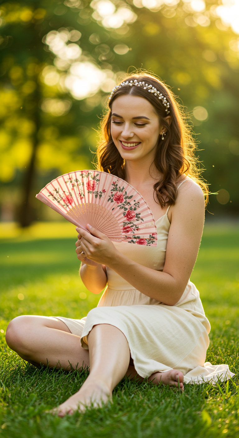 Smiling young woman in a cream summer dress sitting barefoot on green grass, holding a pink floral folding hand fan. She wears a pearl headband and enjoys the golden hour sunlight in a peaceful park setting.