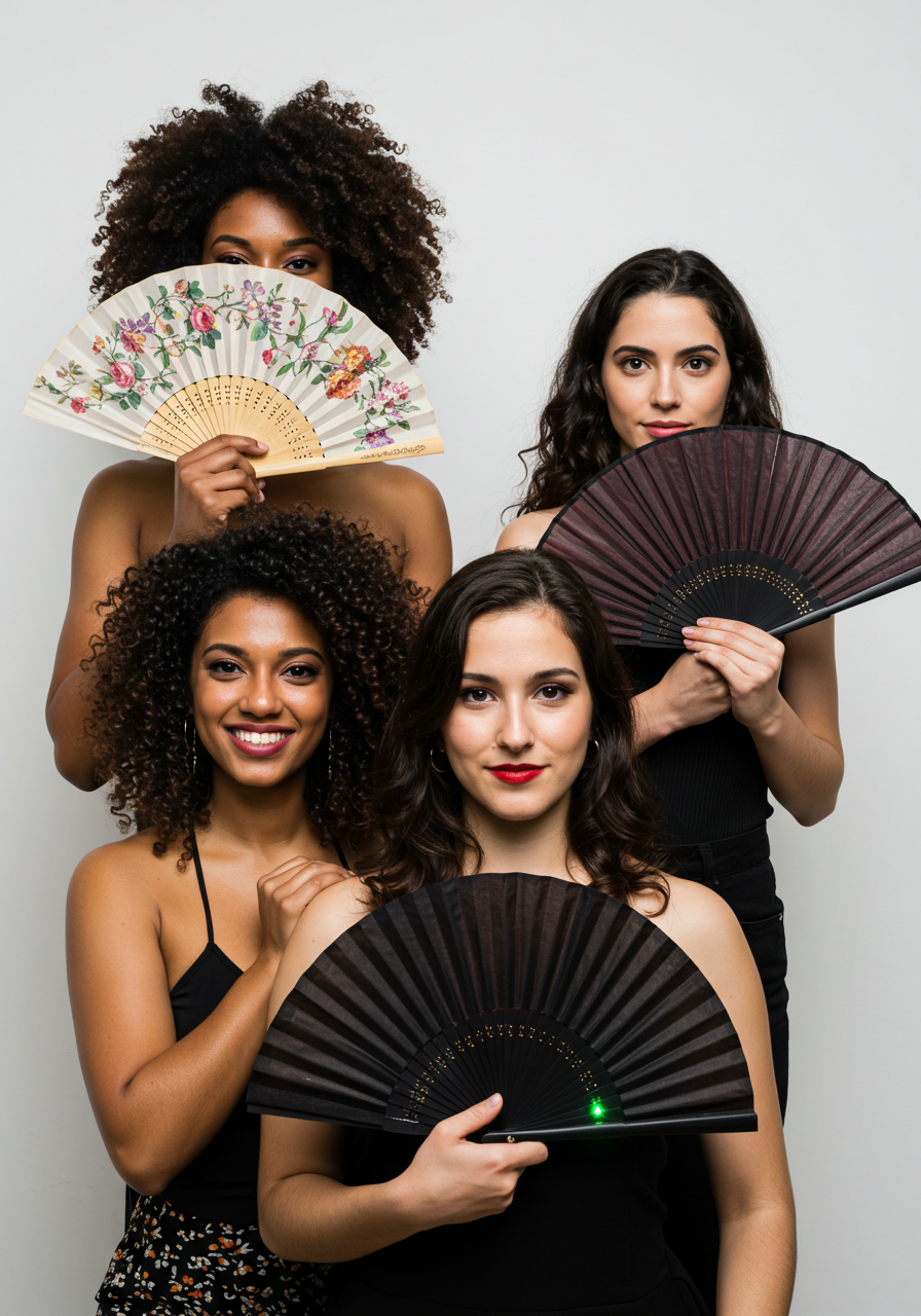  Four women joyfully holding up colorful fans, showcasing a vibrant display of patterns and designs.